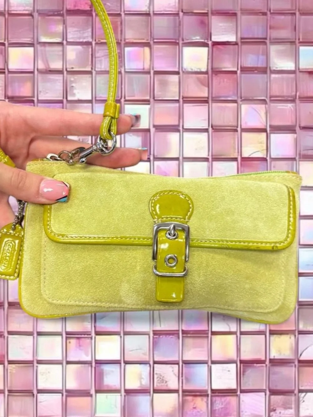 Coach Yellow-Lime Suede Wristlet Clutch with Patent Trim - Picture 1 of 6